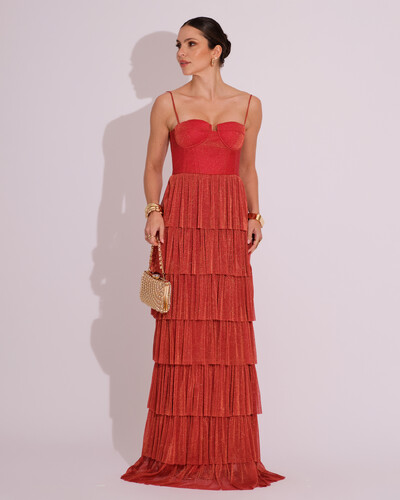 Foto Vestido de Festa Longo Tule Glitter com Camadas Terracota