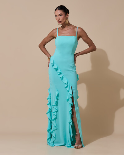 Foto Vestido de Festa Longo Alças Finas Crepe Chiffon Babado Cascata Fenda Costas V Tiffany