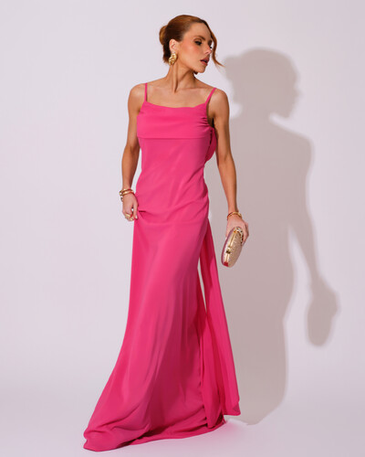 FotoVestido de Festa Longo Crepe Chiffon Costas Lenço Cauda Pink