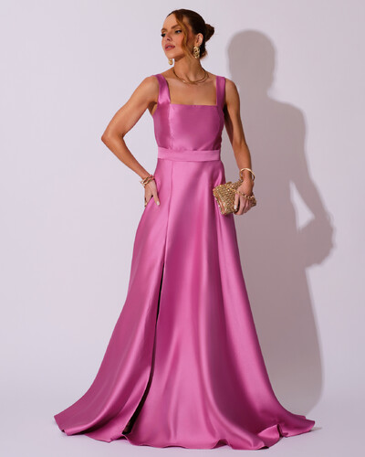 Foto Vestido de Festa Longo Zibeline com Fenda e Faixa Rosa