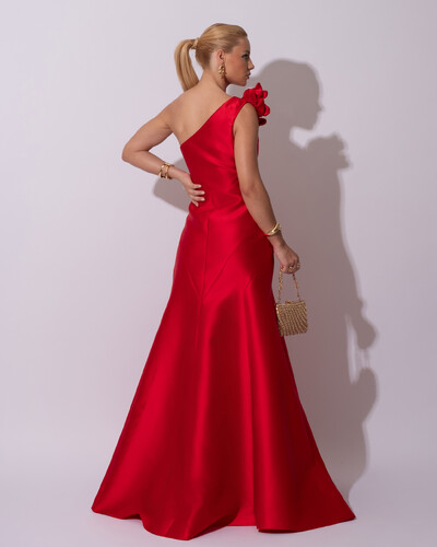 FotoVestido de Festa Longo Zibeline um Ombro Só Flor Removível Saia Sereia Vermelho