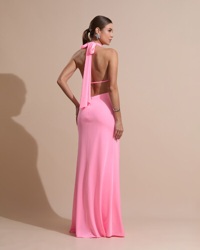 Foto Vestido de Festa Longo Malha Jersey Gola Alta Saia Sereia Rosa New