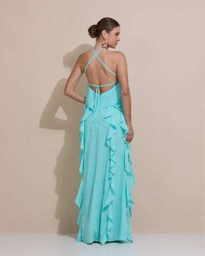 Foto Vestido de Festa Longo Crepe Chiffon Frente Única Babados Cascata e Flor Tiffany