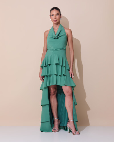 Foto Vestido de Festa Longo Frente Única Degagê Crepe Chiffon Babados Mullet Verde Matcha Escuro