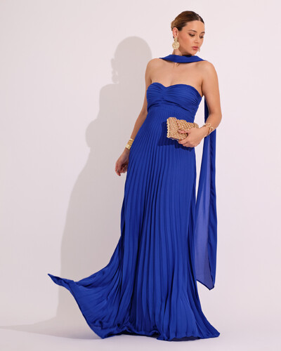 Foto Vestido de Festa Longo Tomara que Caia Plissado com Lenço Azul Royal