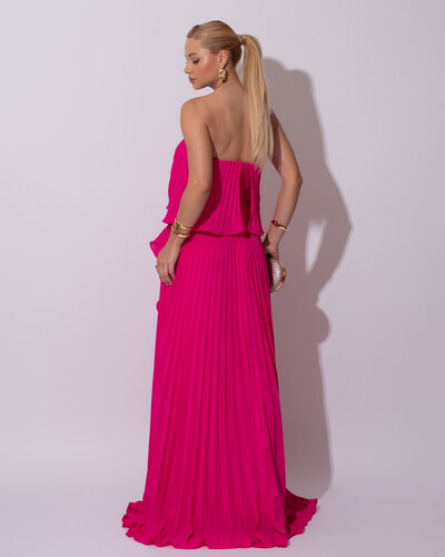 FotoVestido de Festa Longo Crepe Chiffon Tomara que Caia Plissado com Babado Cascata Pink