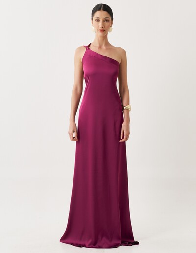 Foto Vestido de Festa Longo Cetim Fluido Um Ombro Só Amarração Costas Beterraba