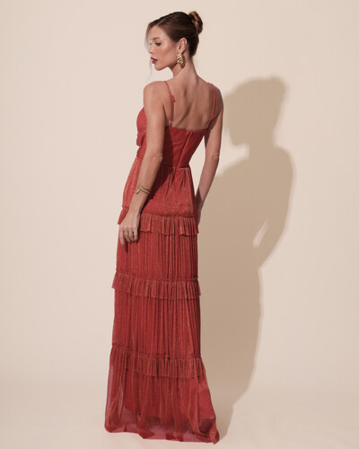 FotoVestido de Festa Longo Tule com Saia Babado Terracota