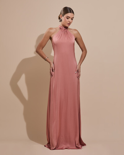 Foto Vestido de Festa Gola Alta com Decote nas Costas Acetinado Rosa Blush