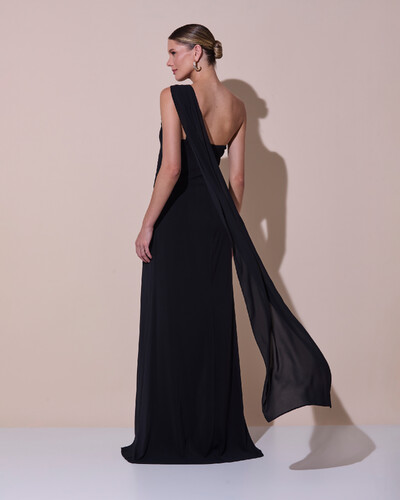Foto Vestido de Festa Longo Crepe Chiffon Um Ombro Só Drapeado Preto