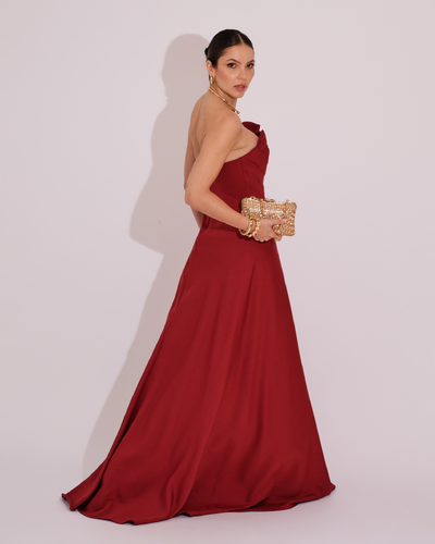 FotoVestido de Festa Longo Alfaiataria Tomara que Caia com Fenda Detalhe Marsala