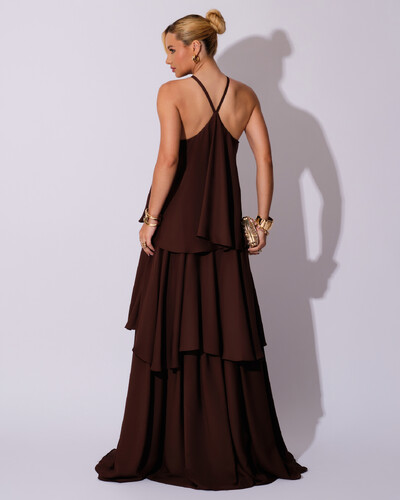 FotoVestido Longo Babado em Camadas Marrom