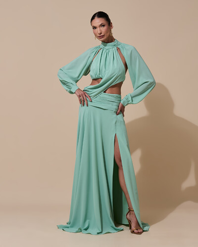 Foto Vestido de Festa Longo Gola Alta Crepe Chiffon Recortes Drapeado Manga Longa Fenda Verde Menta