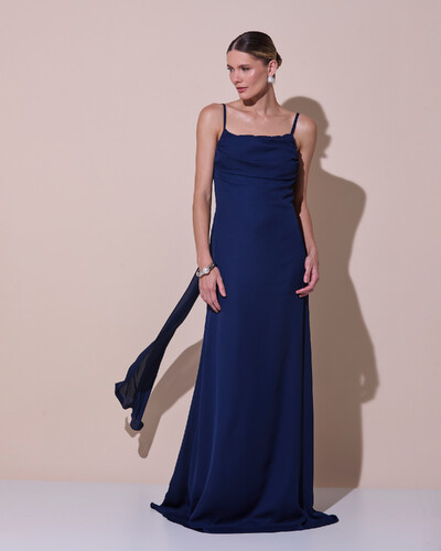 Foto Vestido de Festa Longo Crepe Chiffon Costas Lenço Cauda Azul Marinho New