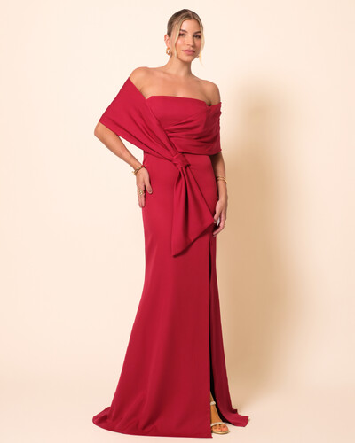 Foto Vestido de Festa Longo Alfaiataria Ombro a Ombro Laço e Fenda Cereja