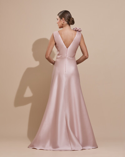FotoVestido de Festa longo Zibeline Decote em V com Flores Removivel Rose Nude