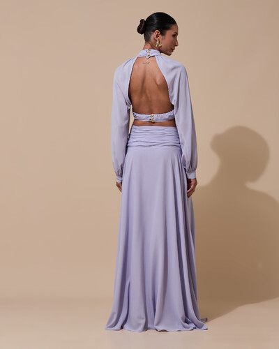 Foto Vestido de Festa Longo Gola Alta Crepe Chiffon Recortes Drapeado Manga Longa Fenda Lilás Claro