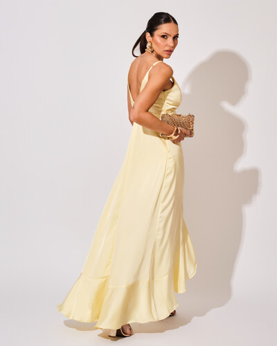 FotoVestido Midi Babado Acetinado Amarelo Manteiga