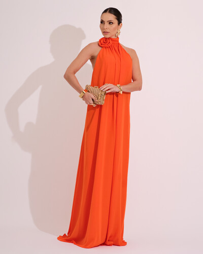 Foto Vestido Longo Crepe Chiffon Frente Única Fluido Flor Removível Laranja