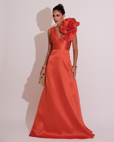 Foto Vestido de Festa longo Zibeline Flor Laranja