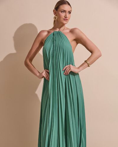 Foto Vestido de Festa Longo Frente Única Plissado Crepe Chiffon Argola Verde Matcha Escuro