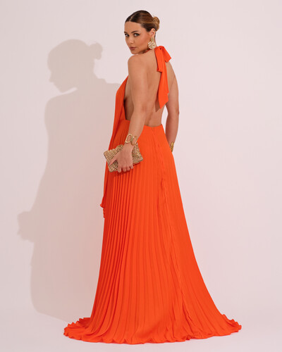 FotoVestidos de Festa Longo Chiffon Fluido Frente Única Plissado Duplo Laranja