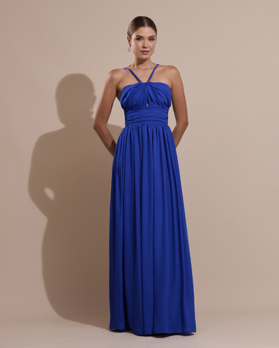 Foto Vestido de Festa Longo Crepe Chiffon Drapeado com Alças Finas Azul Royal