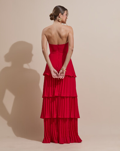 FotoVestido de Festa Longo Tomara que Caia Crepe Chiffon Plissado Camadas Vermelho