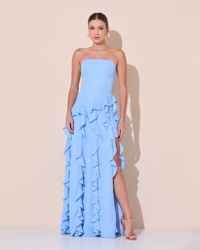 Foto Vestido de festa Longo Tomara que Caia Crepe Chiffon com Babados Cascata e Fenda Serenity