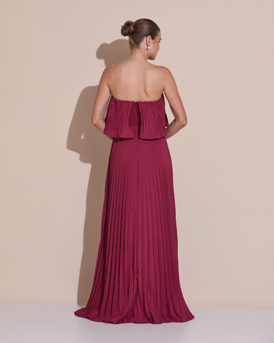 Foto Vestido de Festa Longo Crepe Chiffon Tomara que Caia Plissado com Babado Cascata Marsala New