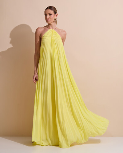 Foto Vestido de Festa Longo Frente Única Plissado Crepe Chiffon Argola Amarelo manteiga