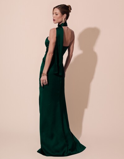 FotoVestido de Festa Longo Cetim Alfaiataria Tomara que Caia com Faixa Lenço Verde Escuro