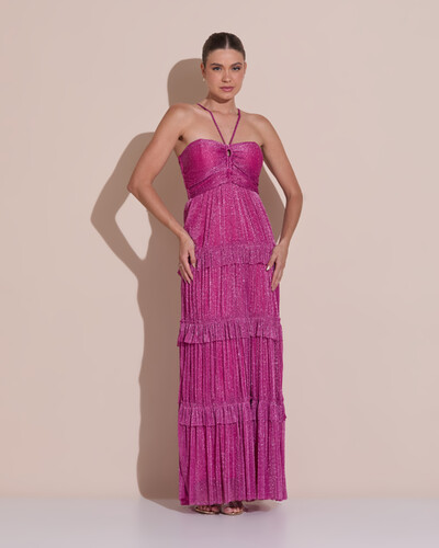Foto Vestido de Festa Longo Tule com Saia Babado Fúcsia