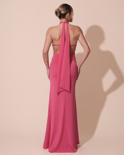 FotoVestido de Festa Longo Malha Jersey Gola Alta Saia Sereia Pink New