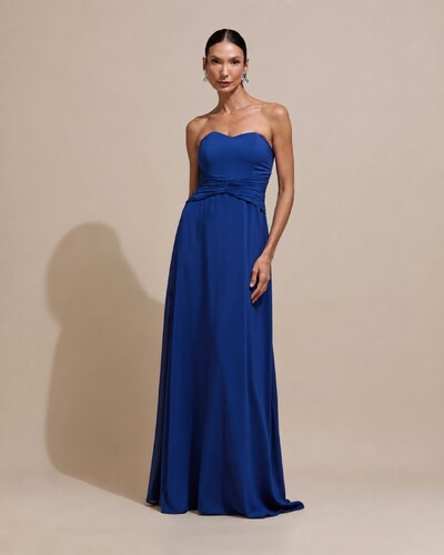 Foto Vestido de Festa Longo Tomara Que Caia Crepe Chiffon Drapeado Capa Azul Marinho