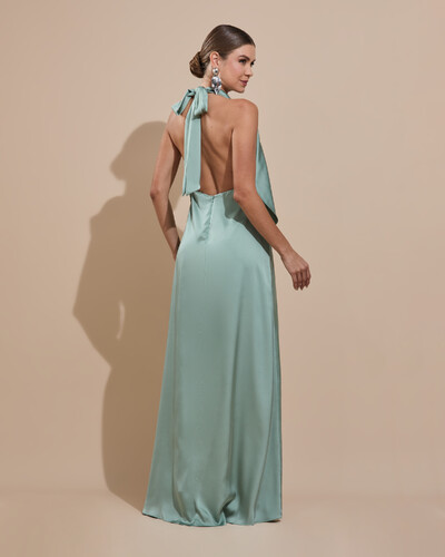 Foto Vestido de Festa Longo Cetim Fluido Frente Única Degagê Mil Formas Verde Menta