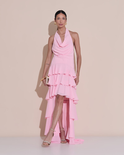 Foto Vestido De Festa Longo Frente Única Degagê Crepe Chiffon Babados Mullet Rosa Claro