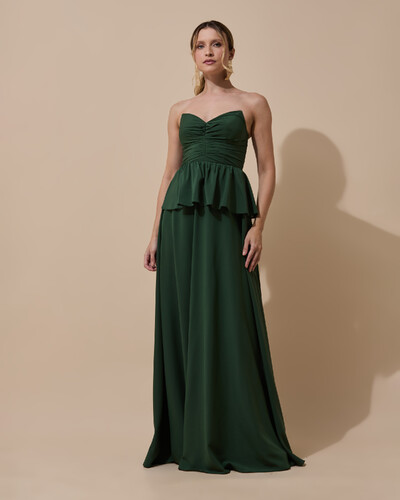 Foto Vestido de Festa Longo Crepe Chiffon Tomara que Caia Peplum Drapeado Verde Militar
