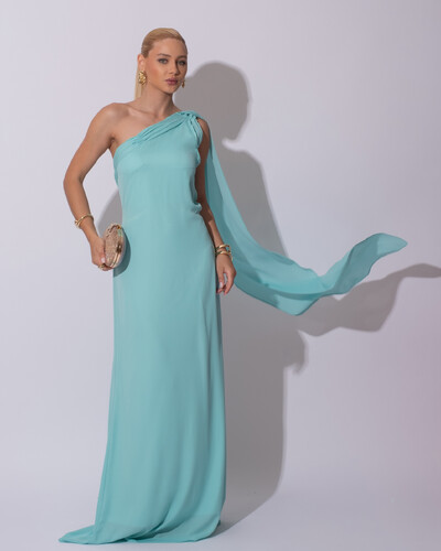 Foto Vestido de Festa Longo Crepe Chiffon Um Ombro Só Drapeado Lenço Fixo Tiffany