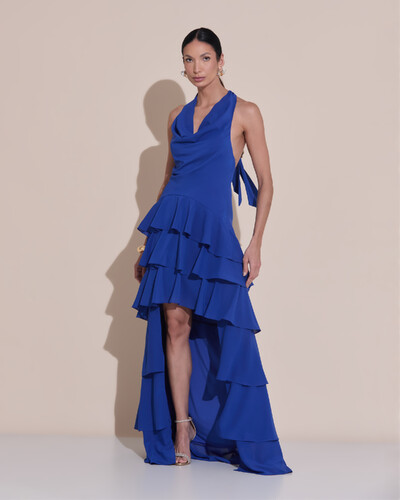 Foto Vestido De Festa Longo Frente Única Degagê Crepe Chiffon Babados Mullet Azul Royal