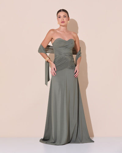Foto Vestido de Festa Longo Decote Coração Crepe Chiffon Drapeado Plissado Lenço Verde Oliva