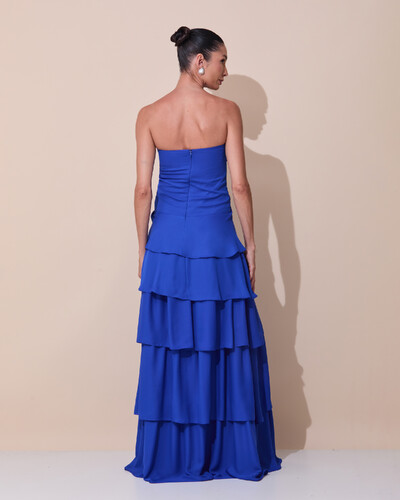 Foto Vestido de Festa Longo Tomara que Caia Drapeado Crepe Chiffon Babados Camadas Azul Royal