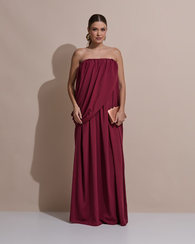 Foto Vestido de Festa Longo Tomara Que Caia Crepe Chiffon Drapeado Marsala New