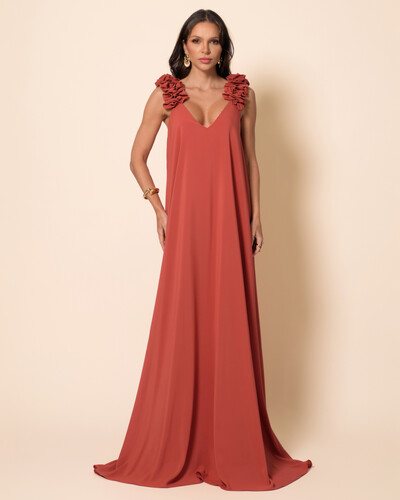 Foto Vestido de Festa Longo Crepe Chiffon Fluido Decote em V Flores Terracota