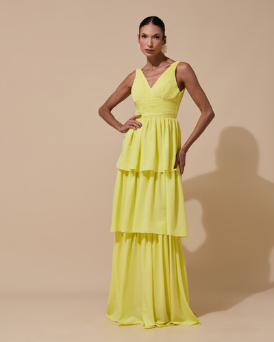 Foto Vestido de Festa Longo Decote V Crepe Chiffon Plissado Camadas Babado Amarelo Manteiga