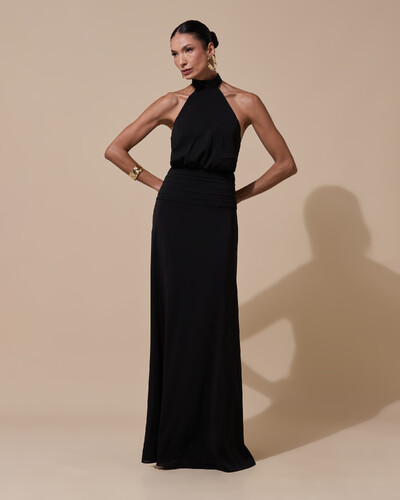 Foto Vestido de Festa Longo Frente Única Busto Blousê Crepe Chiffon Drapeado Preto