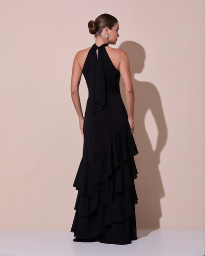 Foto Vestido de Festa Longo Chiffon Crepe Gola Alta Babados Preto