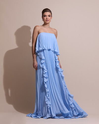 Foto Vestido de Festa Longo Crepe Chiffon Tomara que Caia Plissado com Babado Cascata Serenity