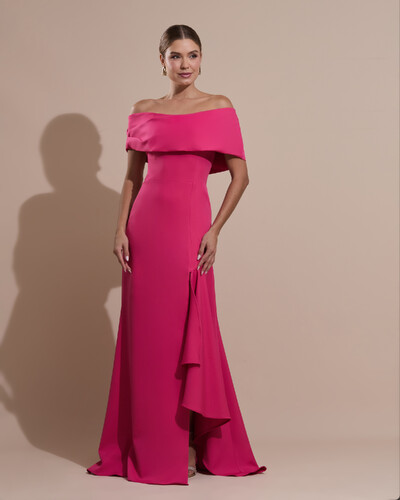 Foto Vestido de Festa Longo Alfaiataria Ombro a Ombro com Babado Cascata Pink