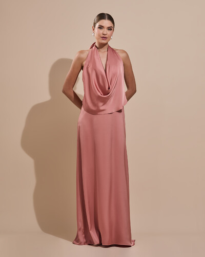 Foto Vestido de Festa Longo Cetim Fluido Frente Única Degagê Mil Formas Rosa Blush